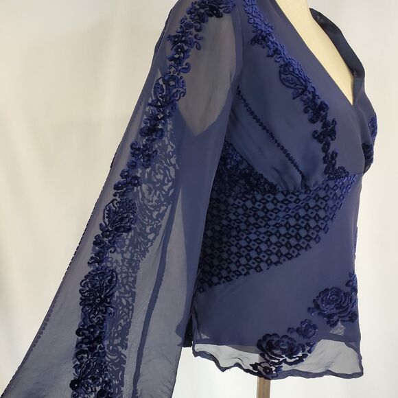 Y2K Silk Blend Burnout Velvet Babydoll Top Flared Sleeve Whimsigoth Fairy Grunge - Picture 6 of 12